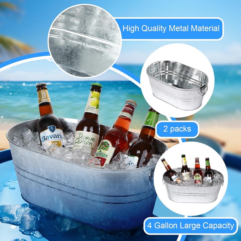 tchrules Galvanized Tub Beverage Tubs, 2pcs Metal Ice Buckets for Cocktail Bar 3 Gallon Wine Beer Drink Buckets with Handles Large Tub Cooler Mimosa Bar Supplies Ice Bucket for Parties 15x9x6inch(Galvanized) - Image 5